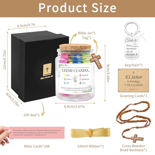 Bozidol Spanish Bible Verse Jar, Leeme Cuando te Sientas Versículos en Español, Tarro de Versículos Bíblicos en Español, Christian Gifts with Rosary Necklace, Keychain, Ribbon and Greeting Card