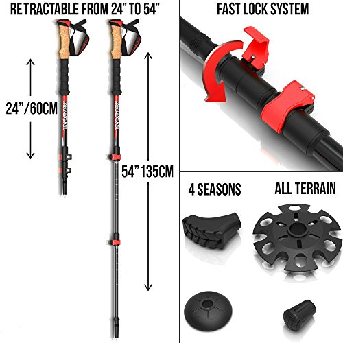 MAXBONA Trekking Poles Collapsible for Hiking – Nordic Walking Sticks of Carbon Fiber – Anti Shock, Ultra Strong & Lightweight w/Sweat Absorbing Natural Cork & EVA Grips – All Terrain Tips/Carry Bag