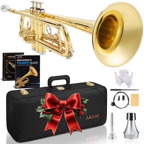 AKLOT Trompeta de campana martillada a mano: acción de válvula suave, cuerpo de latón lacado...