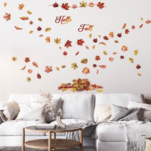 SUPERDANT Maple Leaves Wall Stickers Autumn Wall Decal Hello Fall Peel and Stick Wall Decor DIY Vinyl Art Wall Decor for Home Bedroom Living Room Coffee Bar Wall Decor Thanksgiving Wall Decor - Image 4