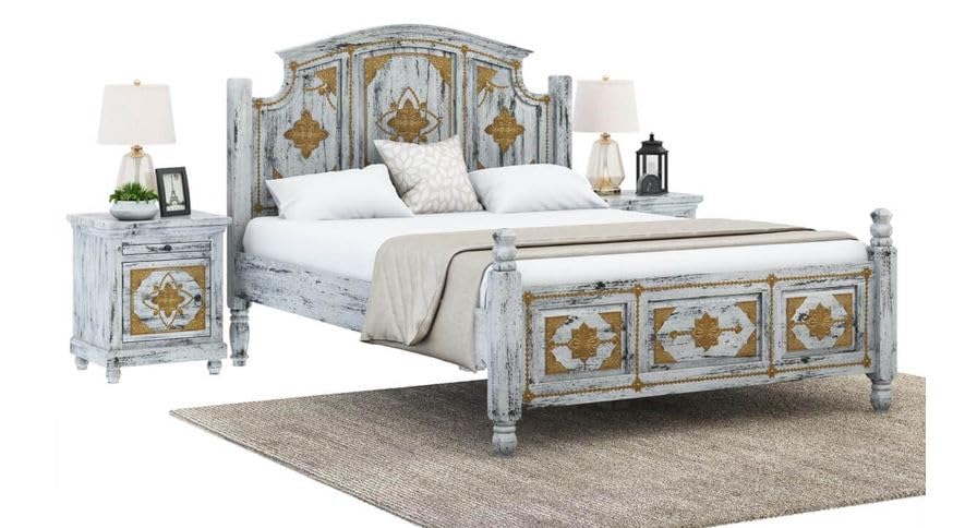 Image of Arman HANDICRAFTS Solid Sheesham Wood King Size Bed with Hand-Carved Decorative Panels | Vintage Wooden Bed Frame for Bedroom | Antique White & Gold Finish | Classic Designer Bed