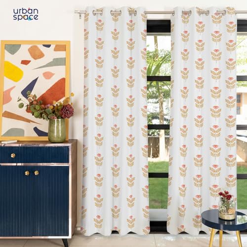 Image of Urban Space 100% Cotton Floral Curtains 7 Feet Long Set Of 2, 60-65% Room Darkening, Decorative Curtains With Eyelets /Rings For Hanging, Tieback Included (Amara Peach, Door - 7 Feet)