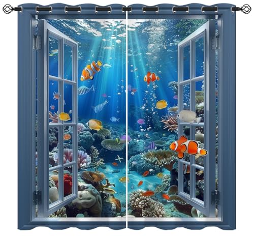Ocean Blackout Curtains for Girls Kids Teen Boys Home Decor,Underwater World Tropical Fishes Colorful Grommet Thermal Insulated Drapes Darkening Window Curtain for Bedroom Living Room, 42 x 45 Inch