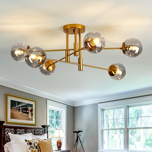 Image of 6-Lights Glass Globe Chandelier Modern Flush Mount Ceiling Light Fixture Gold Farmhouse Lighting for Dining Room Living Room Bedroom Kitchen Passageway.