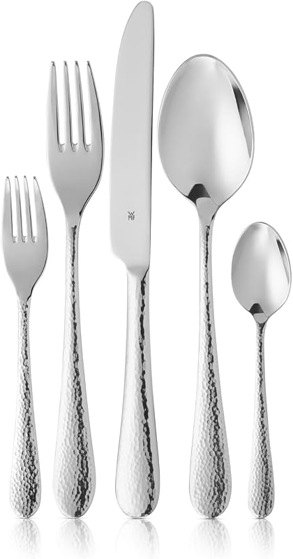 WMF Sitello Cutlery Set for 12 People, Cromargan, Cutlery Set 60 Pieces, Monobloc Knife, Polished Cromargan Stainless Steel, Hammered, Ergonomic, Glossy, Dishwasher Safe, Silver
