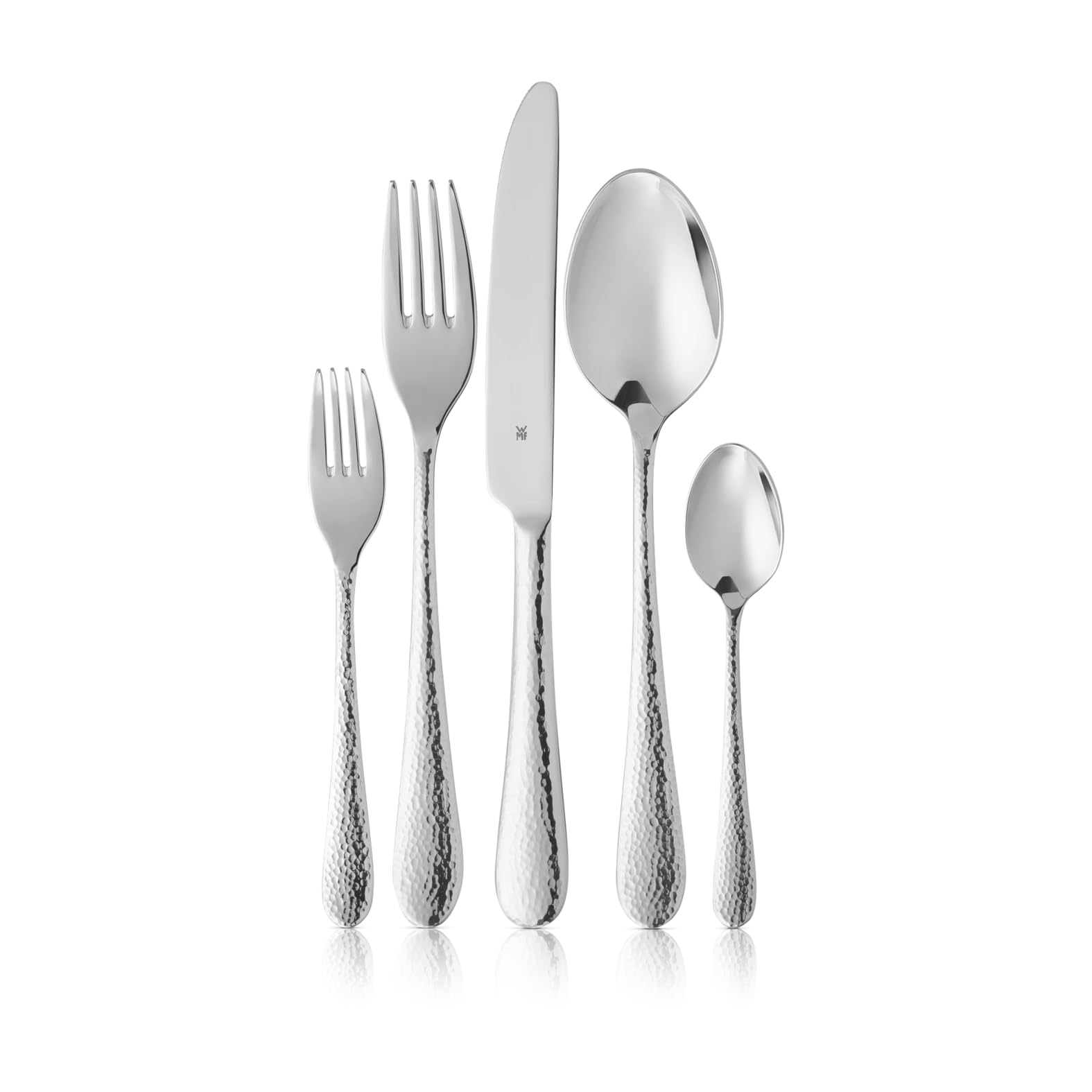 WMF Sitello Besteck Set 12 Personen, Cromargan, Essbesteck Set 60 teilig, Monobloc-Messer, Cromargan Edelstahl poliert, Hammerschlag, ergonomisch, glänzend, spülmaschinengeeignet, silber