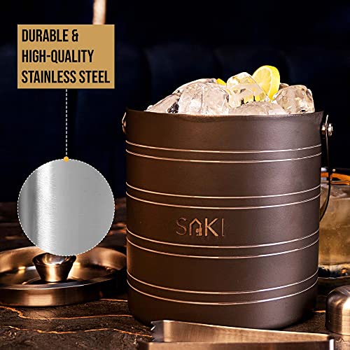Image of SAKI Stainless Steel Ice Bucket with Tong - 1500 ml | Double Wall Insulation | Premium Ice Bucket for Bar & Home | Gray Color | Ring Design, Medium, 1.5L