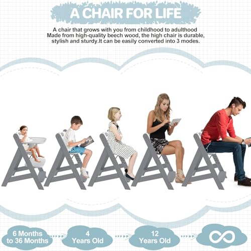 Image of HOMEKOL Wooden High Chair with Tray, Adjustable and Convertible for Babies and Toddlers, Water-Resistant Natural Wood, Ergonomic High Chair Grows with Kids, Grey