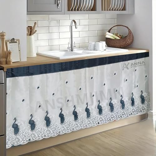 Image of Embroidered Kitchen Sink Curtain with Rod Pocket | Decorative Under Sink Cabinet Curtain | Floral & Peacock Design | Washable Fabric | Size: 150 x 71 CM (Gray, Pack of 1)