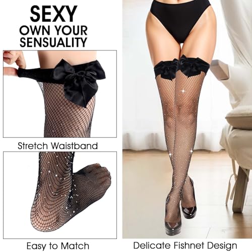 Image of 2 Pcs Sexy Women's Hold-up Stockings with Black Bows and Diamond-Ironing, Sparkly Thigh High Stockings Matching with Skirt Dress Shirt, Nylon Fishnet Socks for Party Halloween (90-140 Pounds)