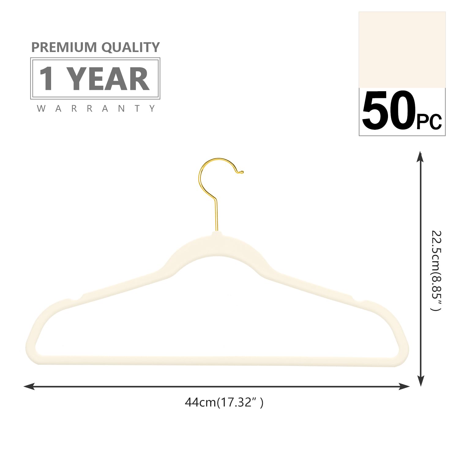 MIZGI Aksamitne wieszaki premium, wytrzymałe, antypoślizgowe, smukłe, kość słoniowa, złote haczyki, oszczędność miejsca, na ubrania, 50 szt.