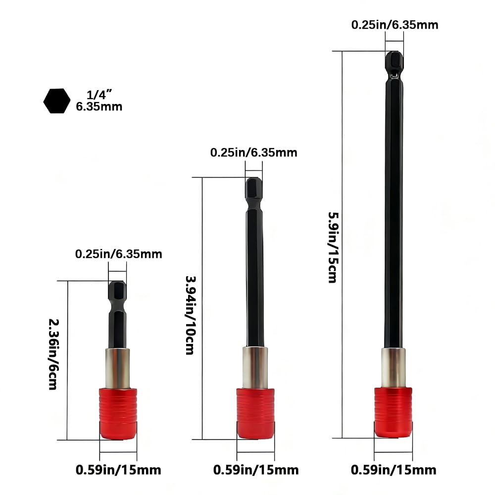 3-Piece Magnetic Bit Holder Extension Set, Quick Release Universal Impact Drill Adapter for Home DIY Projects（Red） view 2