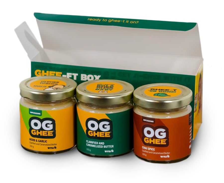 OG GHEE Gift Box | 3 x 103g | Clarified Butter Sampler with Original, Herb & Garlic, and Chai Spice | Hormone and Antibiotic Free, Keto and Paleo Friendly, Gluten Free, Lactose and Casein Free