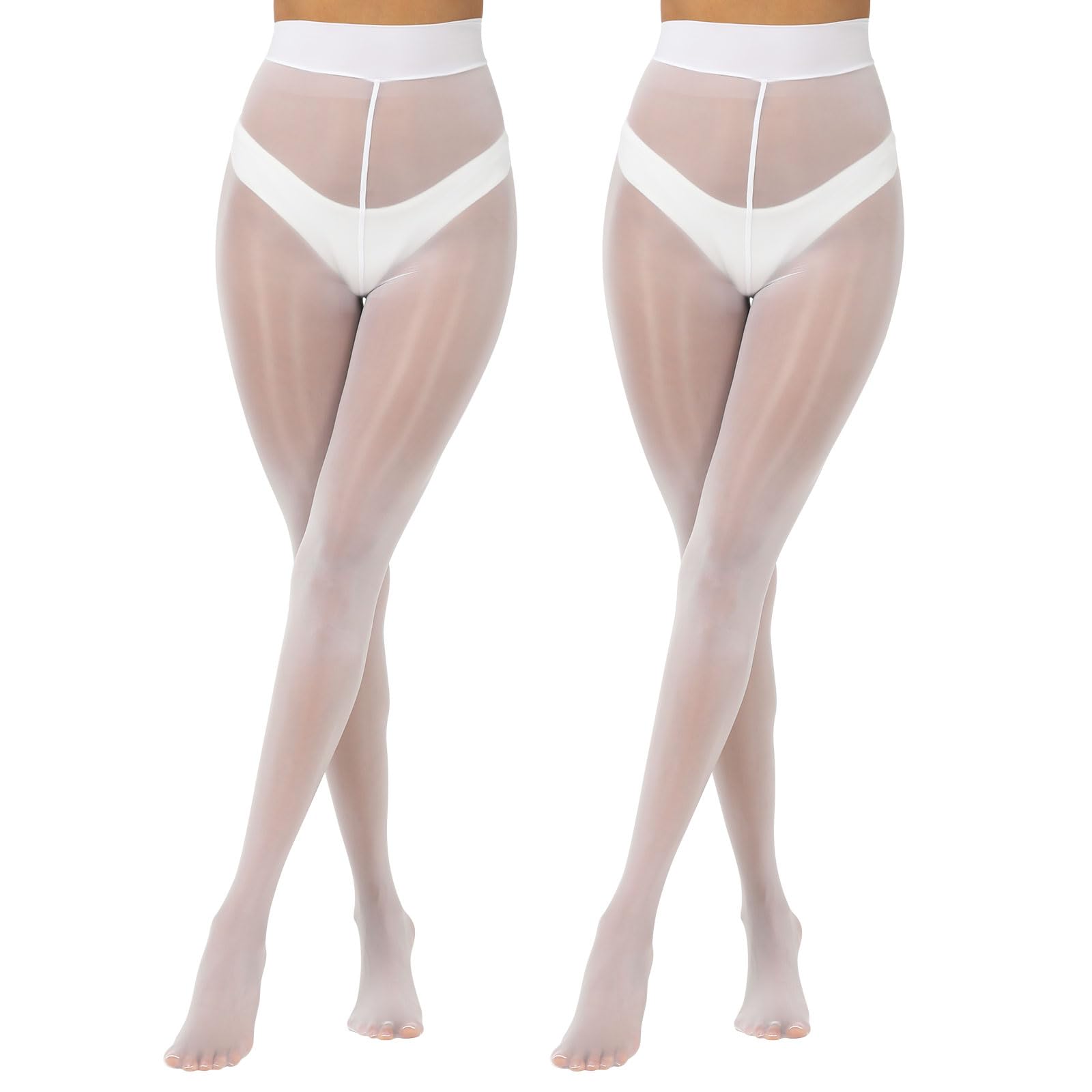 MANZI Women Oily Tights Shiny Gloss Pantyhose 15D 2 Pairs,White,L-XL