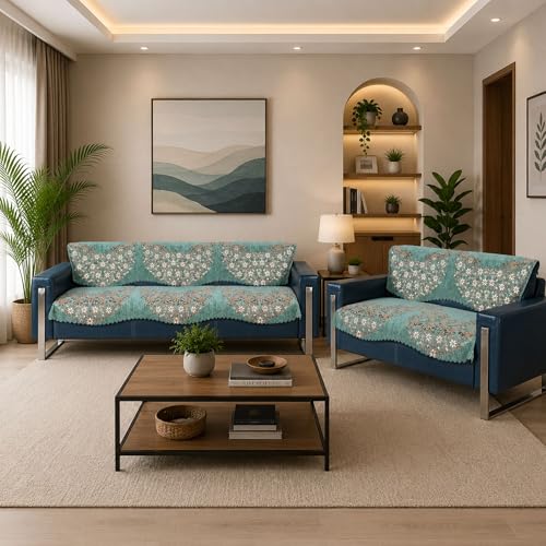 Image of Premium Chenille Woven Anti-Slip 3 Seater + 2 Seater Sofa Cover | L-Shape Sofa Seat Protector for Living Room | Durable & Stylish Slipcover - Teal Phoolkari