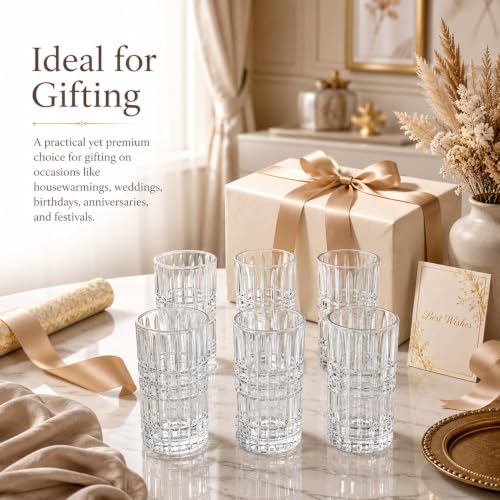 Image of bellemax 350 ML Long Ribbed Drinking Glass | Premium Transparent Water Juice Glasses | Elegant Tall Tumbler Glasses for Water, Juice, Cold Drinks, Mocktails & Cocktails(Set of 6)