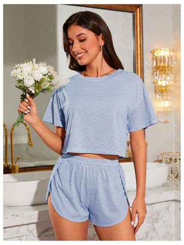 Image of OYOANGLE Womens Pajama Sets 2 Piece Sexy Lounge Sets Summer Cute Pjs Striped Print Tee and Side Split Shorts Set