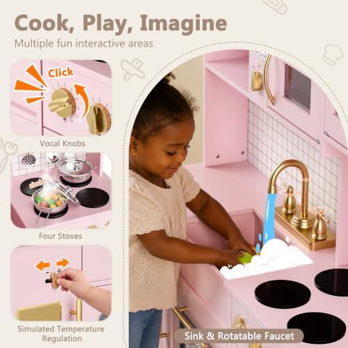 Kinder King Wooden Play Kitchen for Kids, Storage, Accessories, Pink - 2