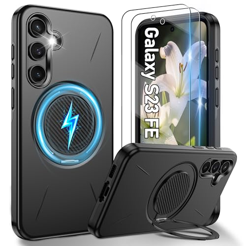 Gritup für Samsung Galaxy S23 Fe Hülle für Magsafe mit 2 Stück HD-Bildschirmschutz eingebauter Kickstand Dual Layer Stoßdicht Kamera Guard Schutz in Militärqualität for s23 fe 5g Case-Schwarz
