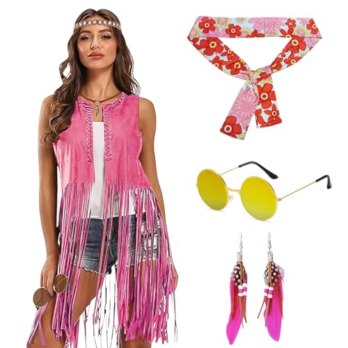 MeYuxg Disfraz Hippie Mujer, Chaleco con Flecos Disfraz Hippie con Pañuelo, Gafas, Pendientes, Disfraces Hippies Mujer para Carnavales, Mascaradas, Fiestas, Festivales, Cosplay(XL)