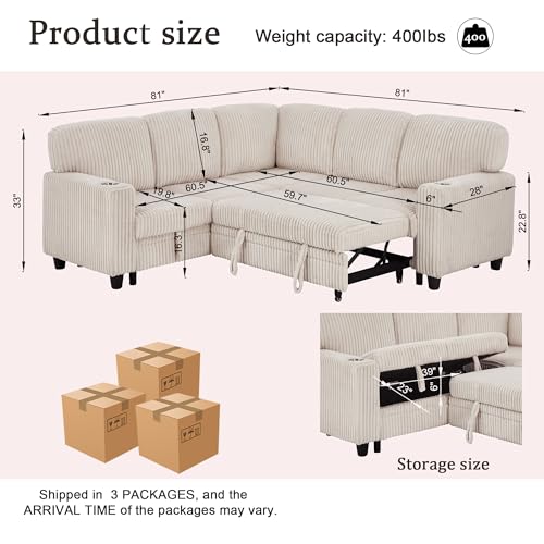 Image of KEIKI 81 inch L-Shaped Oversized Corduroy Modular Sectional Sleeper Sofa with Pull-Out Bed, Storage Seat, Modern 5-Seater Upholstered Couch Bed with Charging Station, Easy Assembly, for Living Room, Beige