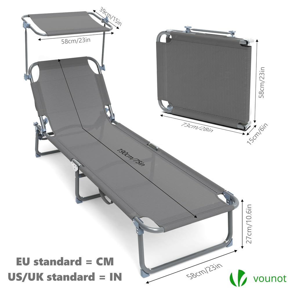 vounot® Lot de 2 Chaise Longue Bain de Soleil avec Pare Soleil Transat Pliable en Textilène avec Parasol Bain De Soleil inclinable en Textilène avec Charge Max 110KG Chaise Longue réglable Gris