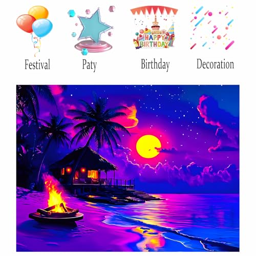 Image of Nuxovilar Tropical Beach UV Reactive Tapestry, 78.74 inchx59.05 inch Polyester | Tropical decor, beach art, blacklight tapestry, neon backdrop for bedroom, dorm, lounge (Beach hut print)