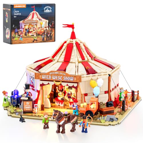 Lumibricks Traveling Circus Bauset mit Licht 1962 Teile Zirkuszelt mit LED & Minifiguren Modularer Jahrmarkt für Erwachsene Westernfans & Freizeitpark-Sammler