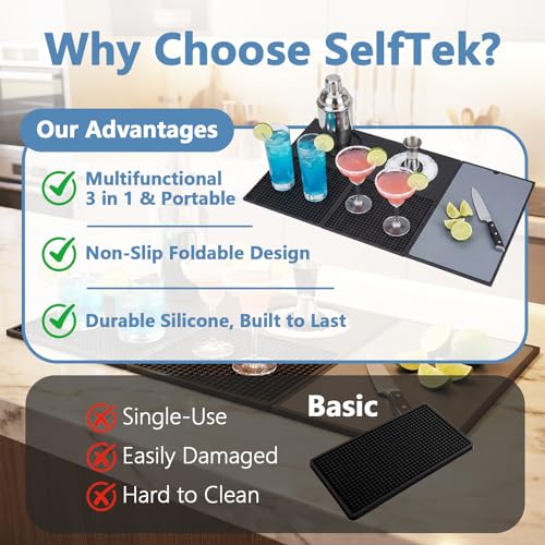 SelfTek Rubber Bar Mats for Countertop - 3-in-1 Folding Non-Slip Dish Drying Pad with Removable Cutting Board, Glass Rim Tray for Home Bar, Coffee Station, Camping, Protects Countertops (Black) by SelfTek - Used condition - Image 4