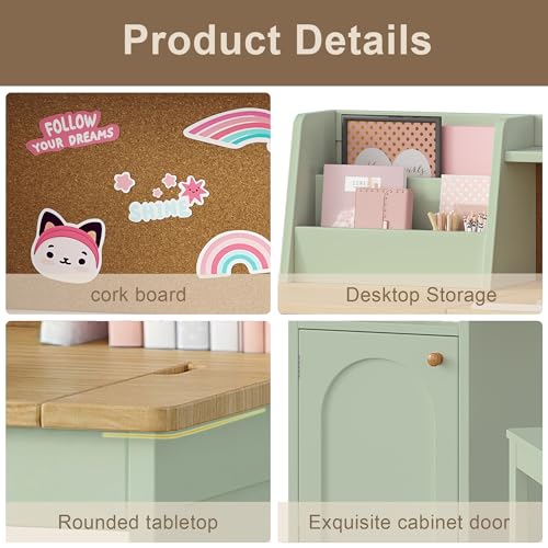 Image of Treocho Kids Study Desk and Chair Set, Kids Desk with Hutch and Tiltable Desktop for 3-8 Years Old, Wooden Children Study Table with Storage Cabinet, Student Writing Desks Bedroom, Home School, Green