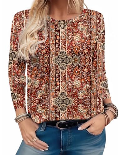 Zeagoo Womens Autumn Tops with Bohemian Paisley Pattern Long Sleeve Loose Fit Blouse for Fall Fashion
