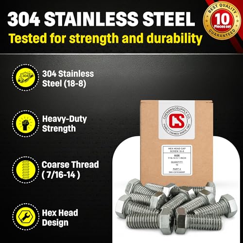 Image of Stainless 7 /16-14 x 1 inch Hex Head Bolts (3 /4 inch to 5 inch Lengths Available in Listing), 304 Stainless Steel, 10 Pieces (7 /16-14 x 1 inch)
