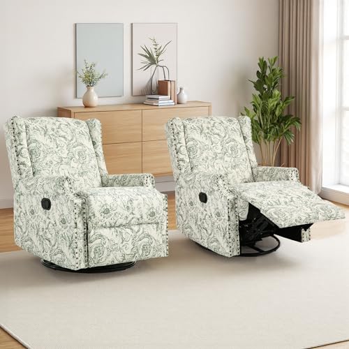 Image of Swivel Rocker Recliner Chairs Set of 2, 360 Swivel Wingback Recliner Chairs for Adults, Upholstered Glider Rocking Chair with High Back, Deep Seat for Living Romm Bedroom, Rococo Green