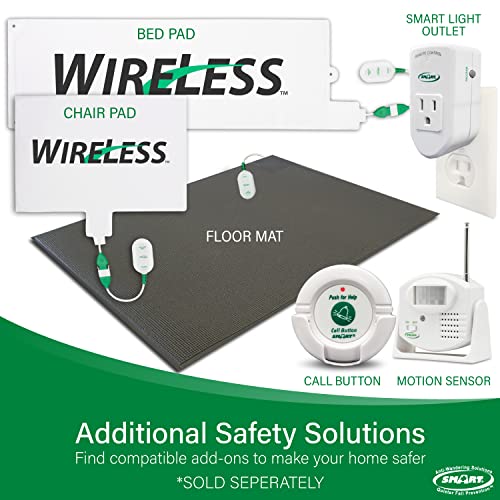 Image of Smart Caregiver Wireless Bed Alarm System - Cordless Weight Sensing Bed Alarm Pad (10 inch x 30 inch) with Remote Alert Monitor, Free Individual Cleaning Wipes and Liberty 7 Day Pill Box