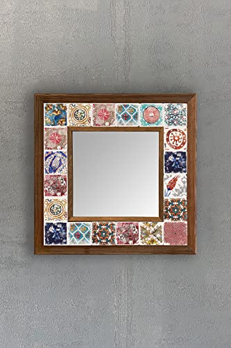 Oscar Stone Ahşap Çerçeveli Mozaik Doğaltaş Ayna 33 CM X 33 CM Etnik Eskitme Desen