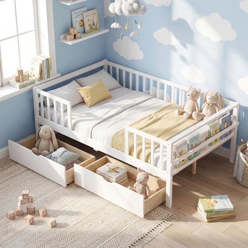 Image of KOMFOTT Full Bed Frame with Rails, Wood Daybed with Side Shelf & 2 Storage Drawers, Platform Bed with Guardrail & Wooden Slat Support for Kids Teens, No Box Spring Needed (Full,White)