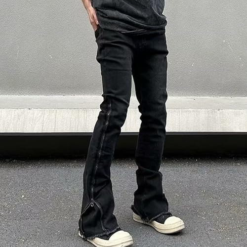 Stacked Jeans Men Retro Flared Black Denim Pants Slim Fit Black Streetwear Zipper Hem Gothic Style2