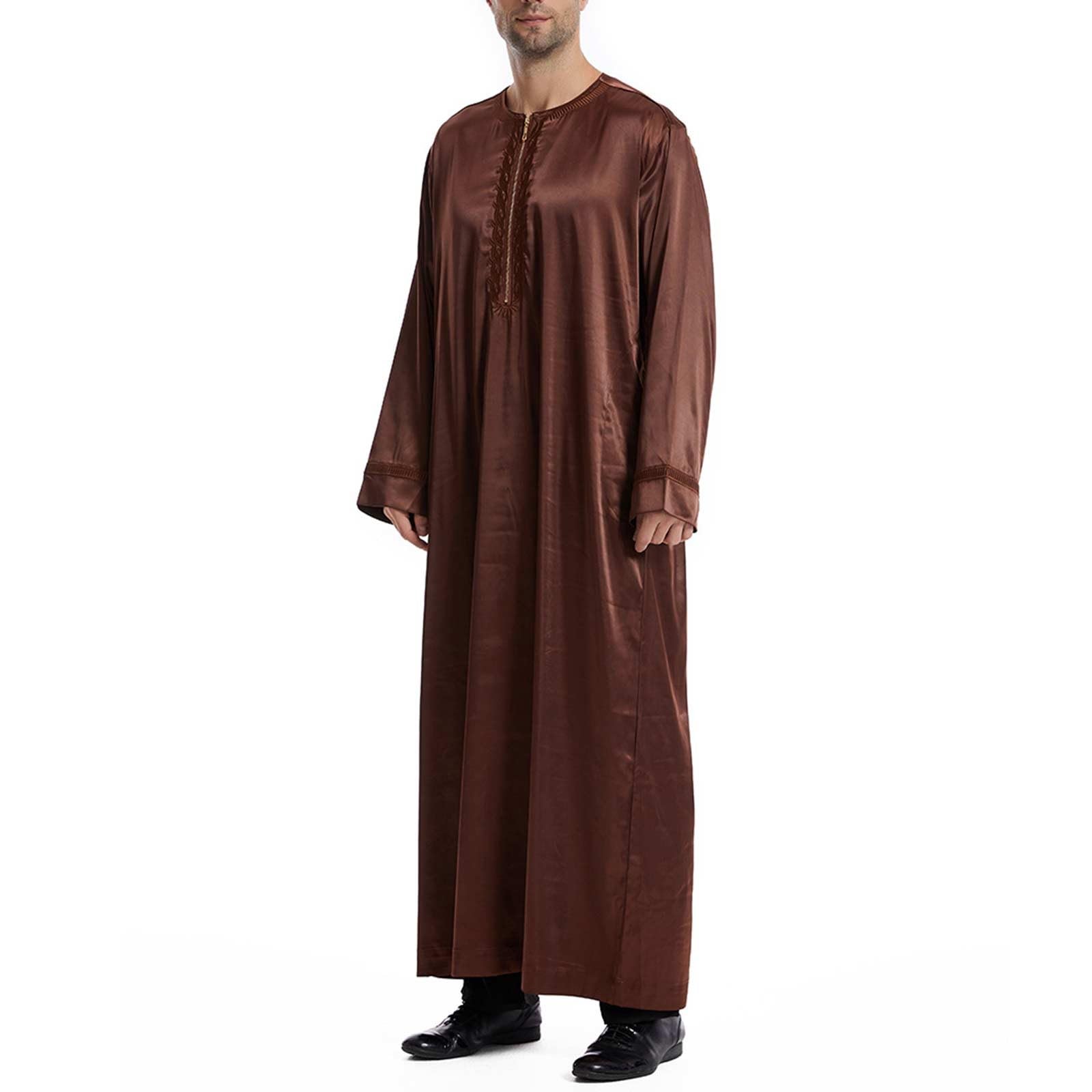 Męski muzułmański kaftan thobe długi szlafrok, arabska islamska odzież z haftowanym dekoltem, luźny strój Eid Ramadan Dubai, tradycyjna koszula Abaya do modlitwy na co dzień