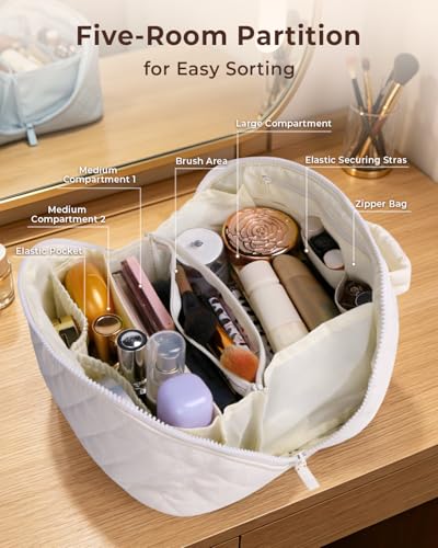 Image of Batfield Makeup Pouch Bag for Women, 2Pcs Waterproof Puffer Set with 180 Flat Open, Travel Large Capacity Makeup Bag for Women with Brush Compartment & Handle for Vacation, Business Trip (White)