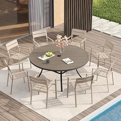 VICLLAX 9 Pieces Outdoor Table and Chairs, Patio Dining Set for 8 Includes 53" Outdoor Round Table and 8 Stackable Patio Chairs for Lawn Garden, Grey Wood-Like Table