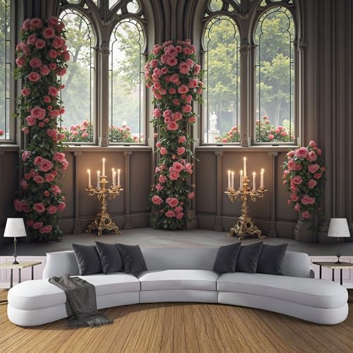 Papel Pintado de Seda Ventanas Góticas Papel Tapiz Fotográfico Marco De Ventana Con Rosales Fotomurales XXL Moderna Decorativos Murales para Diferentes Espacios, 200x140cm, Marrón