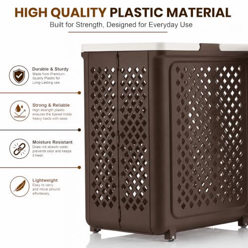 Image of JD FRESH Large 45 Liters Foldable Laundry Basket /Multipurpose Laundry Bag for Clothes with Wheels and Integrated Handles /Movable Plastic Clothes Basket /Laundry Bucket for Home & Laundry Room (Brown)