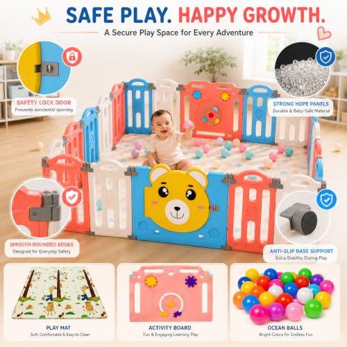 Image of 16 panel Playpen for Babies 0 to 5 year with Mat and Balls Foldable Baby Play Area Indoor Setup Play Yard Fence for Toddlers Kids Playarea Setup Outdoor Children Play Pen with Gate Baby Playpen (4.9 x 6.2 ft=31 SQFT, Multicolor)