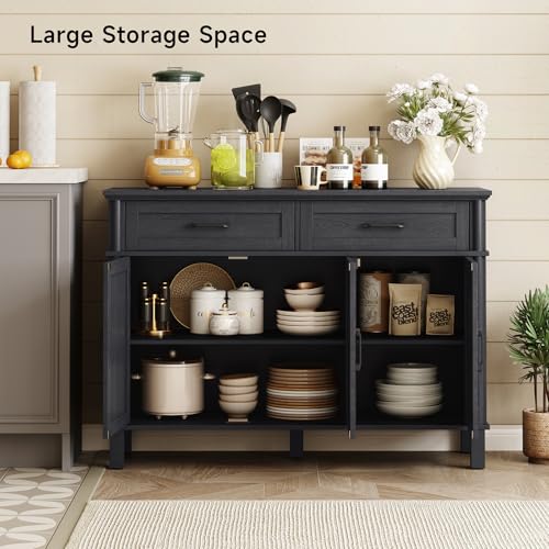 Image of ONBRILL 48 Inches Buffet Cabinet with Storage, Farmhouse Sideboard Buffet w /2 Drawers and 3 Doors, Wood Coffee Bar Cabinet with Adjustable Shelves, Sideboard Storage for Kitchen, Living Room, Black