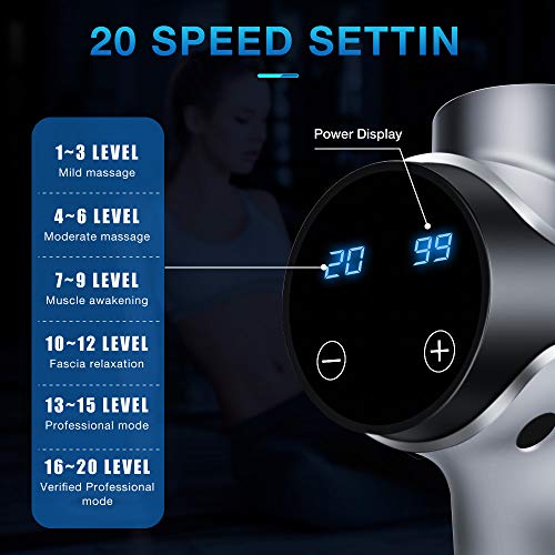Massage Gun Deep Tissue, 20 Speeds Percussion Massage Gun for Athletes Muscle Recovery, Cordless Handheld Muscle Massager Gun for Body Neck Back Leg, Carry Case & 6 Head - Thumbnail 6