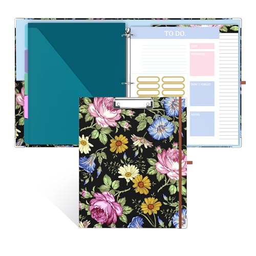 Image of 3 Ring Binder, 0.75 Inch Binder Organizer with 5 Tab Dividers, File Folder Labels, A4 Memo Pad & to Do List Planners for Women, Men, School Supplies and Office Supplies, Flowers