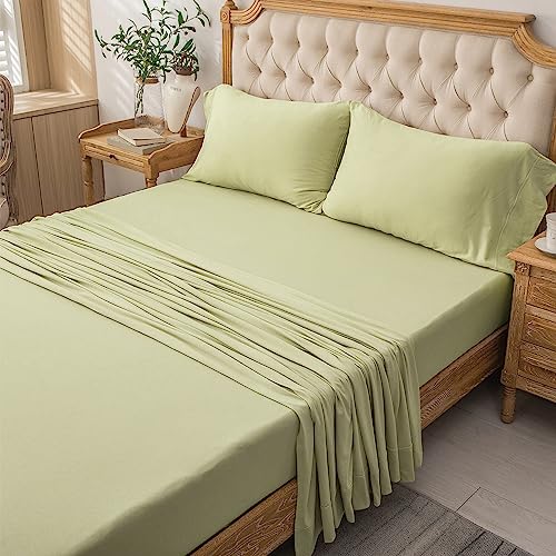 PURE ERA Jersey Knit 4pc Bed Sheet Set 100% T-Shirt Cotton Super Soft Comfy Breathable Fits Mattress Up to 20" Extra Deep Pocket (Solid Mocha Green, Queen)