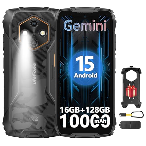 Ulefone RugKing 4 Pro Tough AI Rugged Phone 10000 mAh 16GB + 128GB Android 15 Octa-Core 48MP 6.56 120Hz 120LM Super Torch/3 Card Slots/IP68/IP69K/NFC Package with Exclusive Armor Case- Black