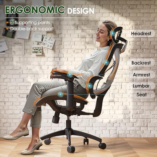 GABRYLLY Ergonomic Office Chair, Big and Tall Mesh Chair with Lumbar Support, 3D armrest - 215° Rotation, Adjustable Headrest & Soft Seat, Durable Desk Chair 350LBS for Work Gaming Computer,Grey — view 2