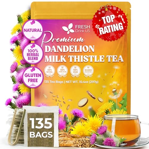 Image of FreshDrinkUS, Premium Dandelion Milk Thistle Herbal Tea | 135 Tea Bags | Herbal Blend with Dandelion Root & Milk Thistle Seed - Clean Plant-Based Daily Tea, Naturally Caffeine Free. Sugar Free. Vegan